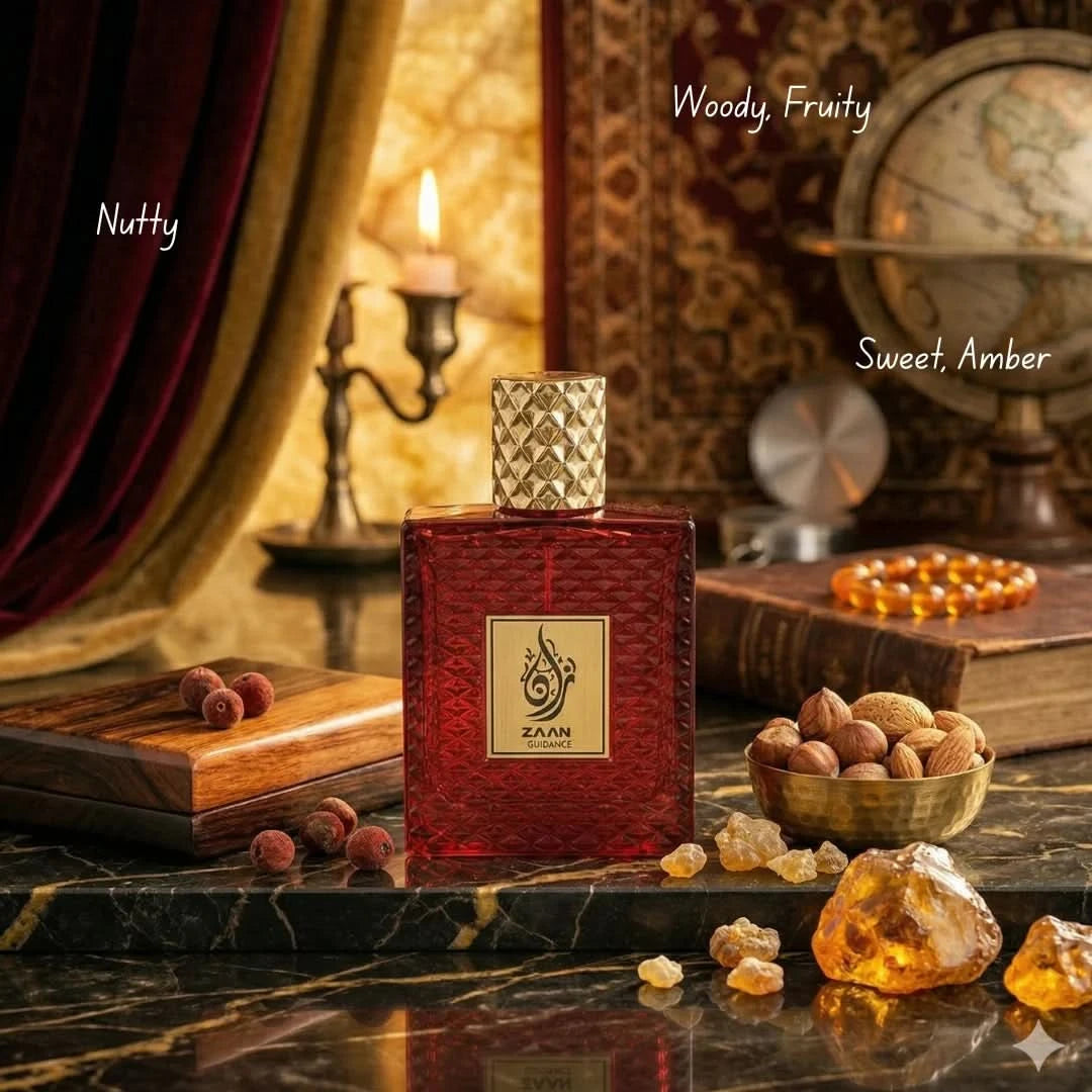 Aura Fragrances Zaan Guidance Eau De Parfum spray bottle, 100ml, sleek design with elegant packaging.