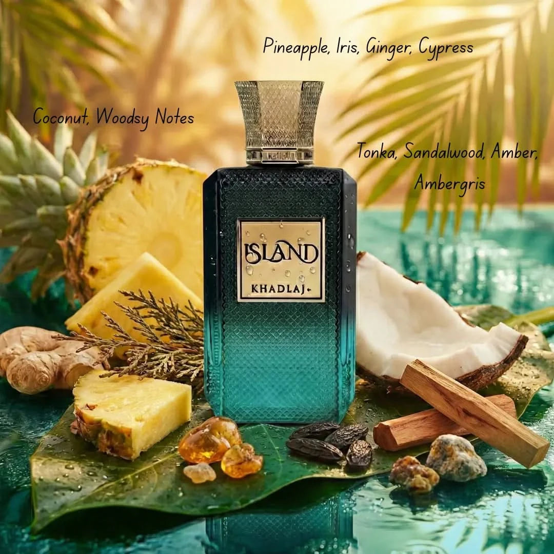 Khadlaj Island Dreams & Vanilla Dunes Eau de Parfum bundle, 100ml each, featuring elegant perfume bottles with decorative caps.