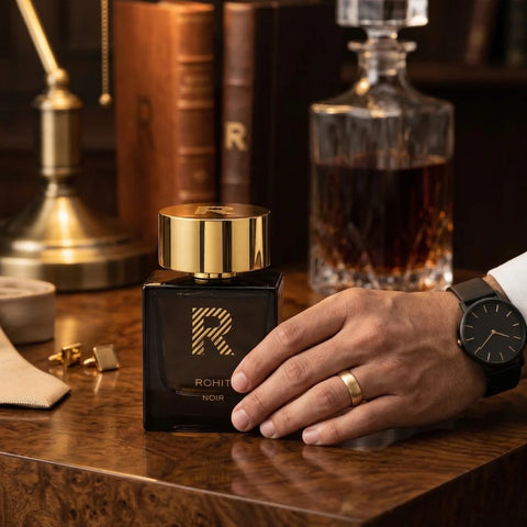Bharara Rohit Noir Eau de Parfum spray bottle, 100ml, with sleek black design and elegant branding on the label.