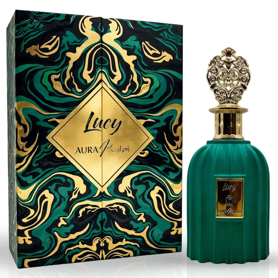 Bundle of Intense Oud Royal Musk Patchouli Apple and Aura Art Lucy Eau de Parfum sprays, 100ml each, featuring floral and fruity scents.