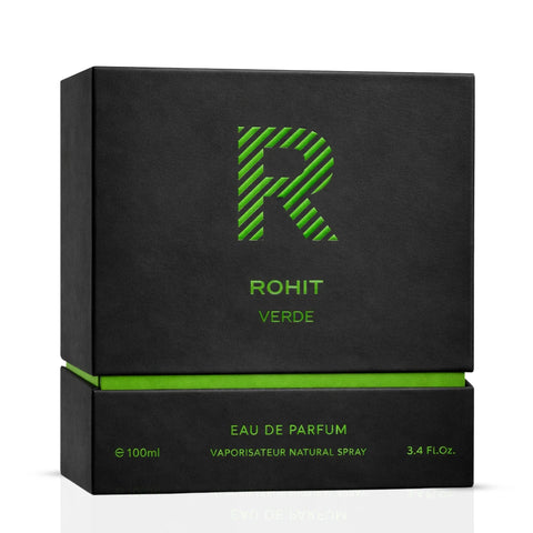 Rohit Verde Eau de Parfum spray by Bharara, 100ml bottle, elegant green design, showcasing the fragrance bottle.