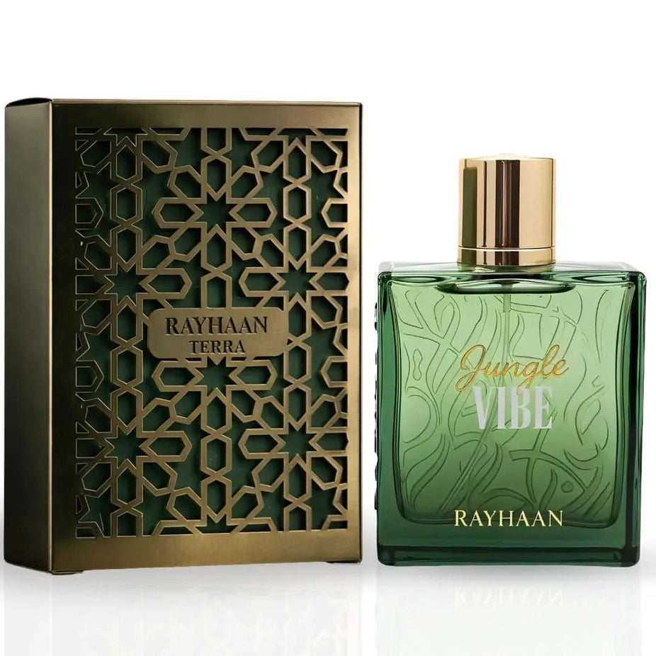 Rayhaan Jungle Vibe Eau de Parfum spray 100ml bottle, featuring vibrant jungle-themed packaging and sleek design.