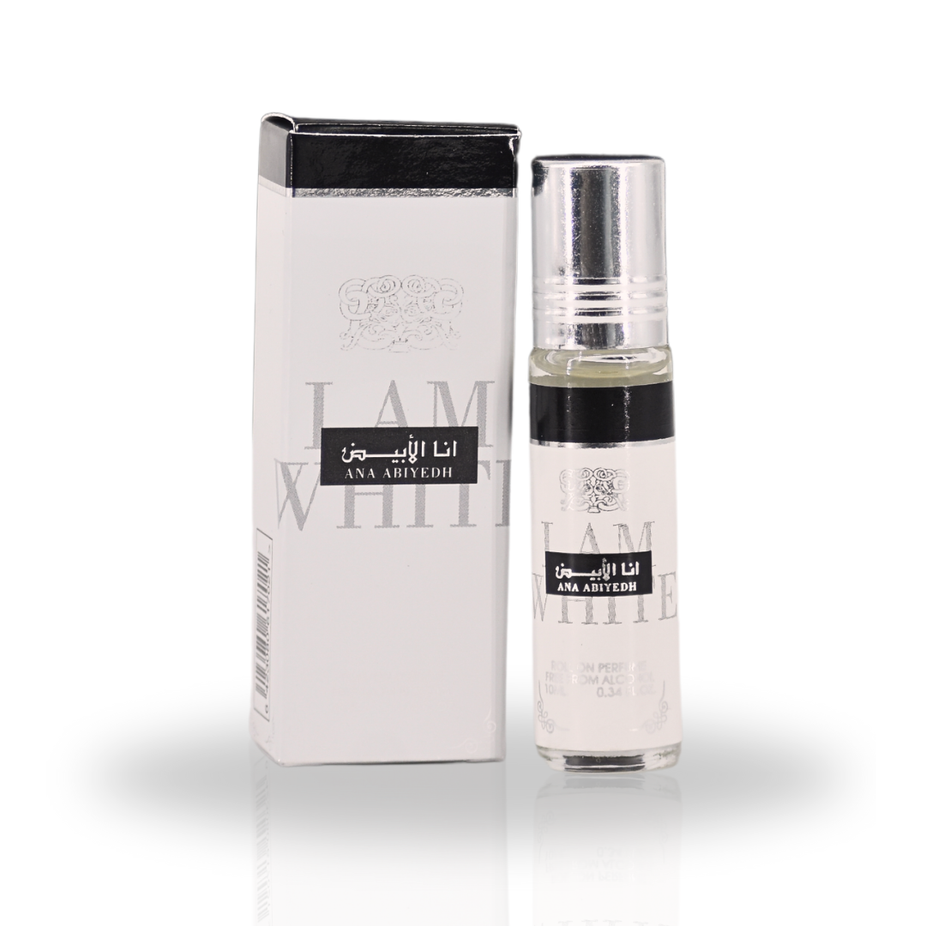 Six Ard Al Zaafaran Ana Abiyedh roll-on perfume oils in 10ml bottles, featuring long-lasting, concentrated fragrance for men and women.
