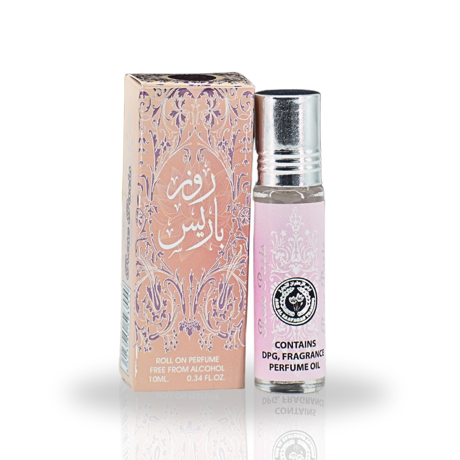 Ard Al Zaafaran Rose Paris Roll-On Perfume Oil in 10ml, concentrated perfume oil for men and women, featuring a sleek roll-on applicator.