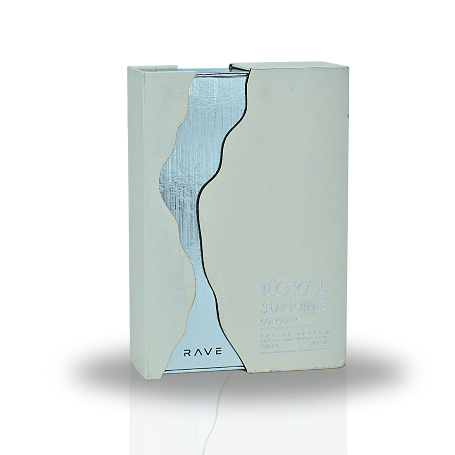 Royal Supreme Conquer EDP spray by RAVE, 100ML, long-lasting perfume for men and women, featuring elegant floral and woody notes.