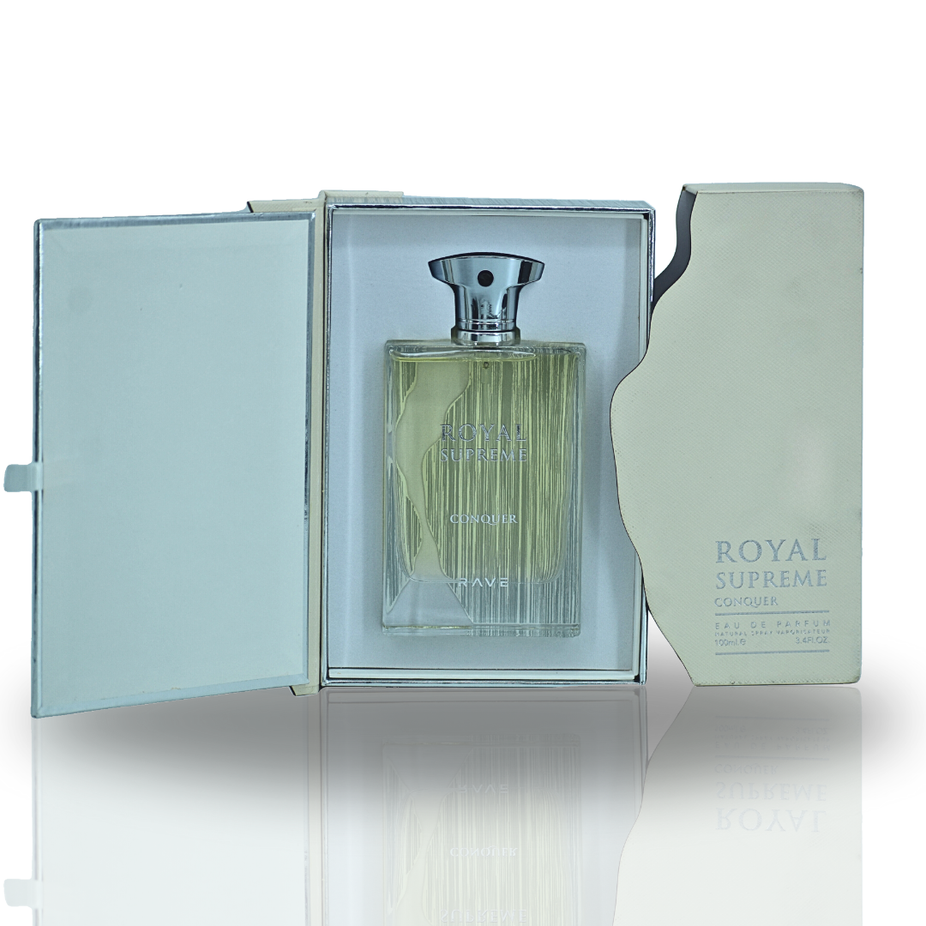 Royal Supreme Conquer EDP spray by RAVE, 100ML, long-lasting perfume for men and women, elegant bottle with royal design.