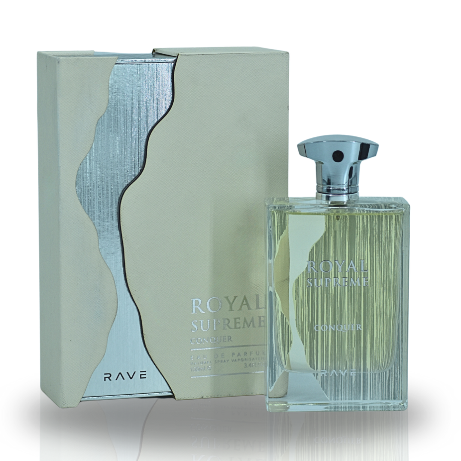 Royal Supreme Dominant EDP spray by RAVE, 100ml, featuring elegant royal-themed bottle with regal design and gold accents.
