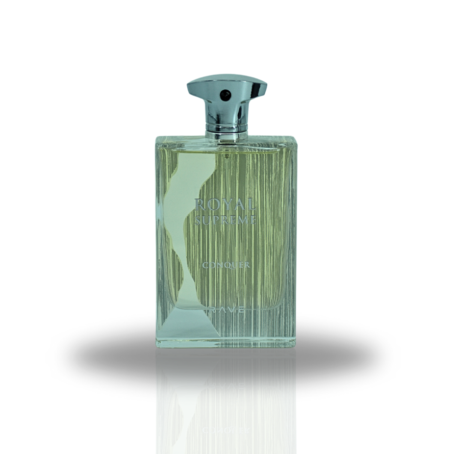 Royal Supreme Conquer Eau De Parfum spray by RAVE, 100ML, featuring elegant packaging for long-lasting unisex fragrance.