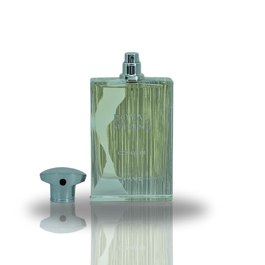 Royal Supreme Conquer EDP spray by RAVE, 100ML, featuring a sleek bottle design for long-lasting unisex perfume application.