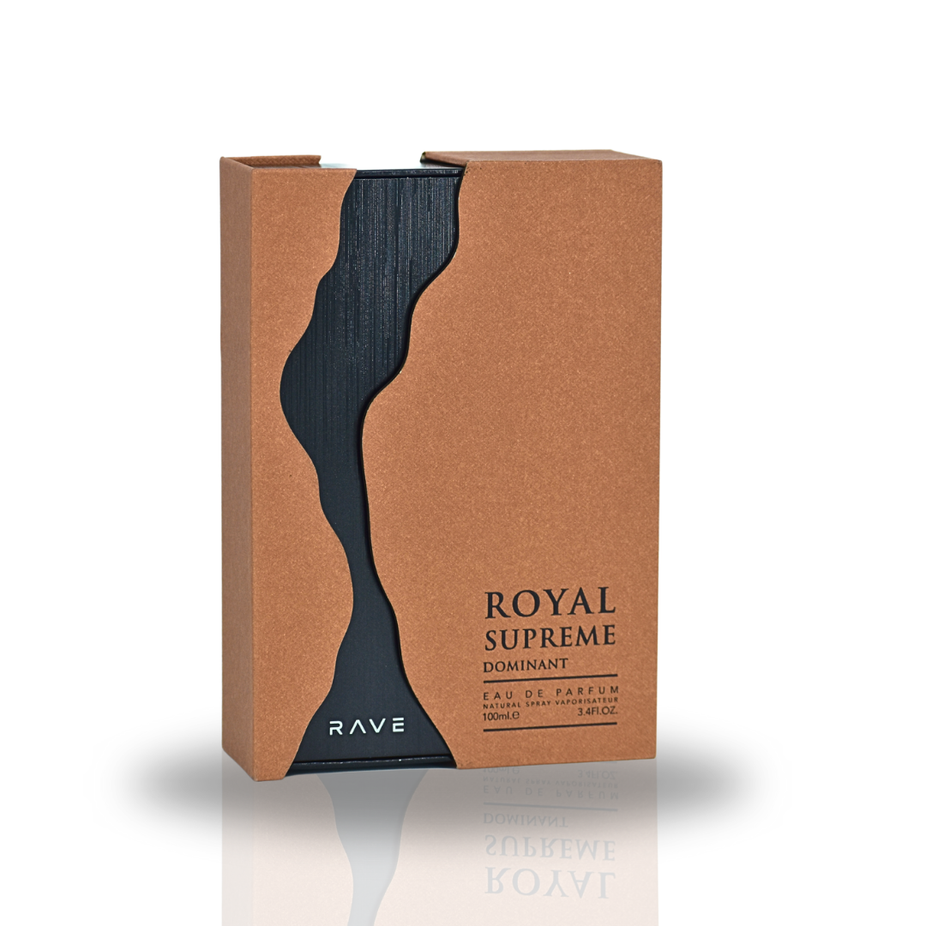 Royal Supreme Dominant Eau De Parfum spray by RAVE, 100ml, featuring elegant bottle design and luxurious fragrance for men and women.
