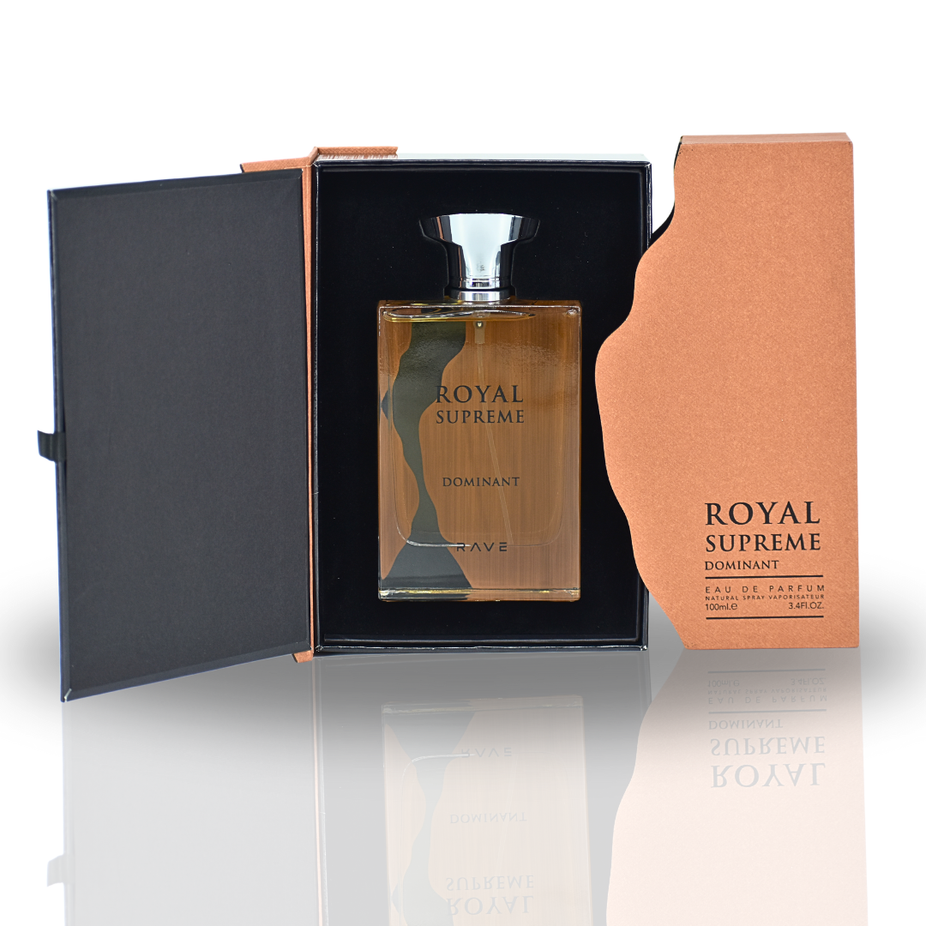 Royal Supreme Dominant EDP spray by RAVE, 100ML, featuring a sleek bottle of long-lasting unisex perfume and cologne.