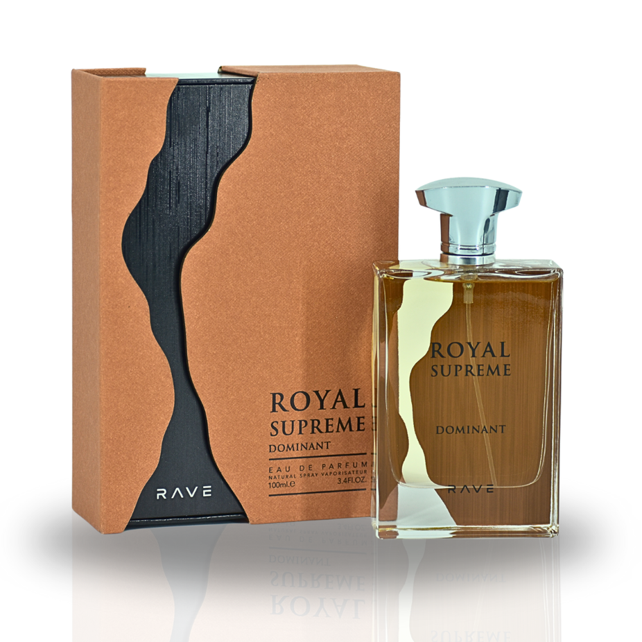 Royal Supreme Dominant Eau De Parfum spray by RAVE, 100ML bottle with regal-themed packaging and elegant design.