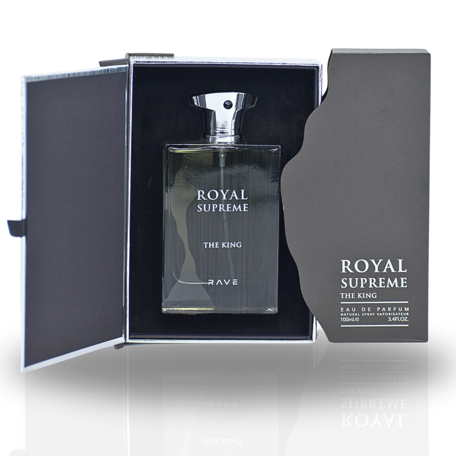 Royal Supreme The King EDP perfume bottle by RAVE, 100ml, showcasing elegant packaging for men and women.