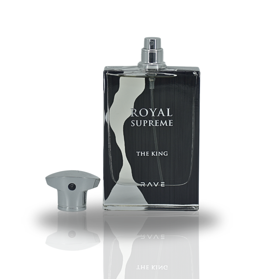 Royal Supreme The King EDP Spray by RAVE, 100ml, long-lasting perfume for men and women, elegant bottle design.
