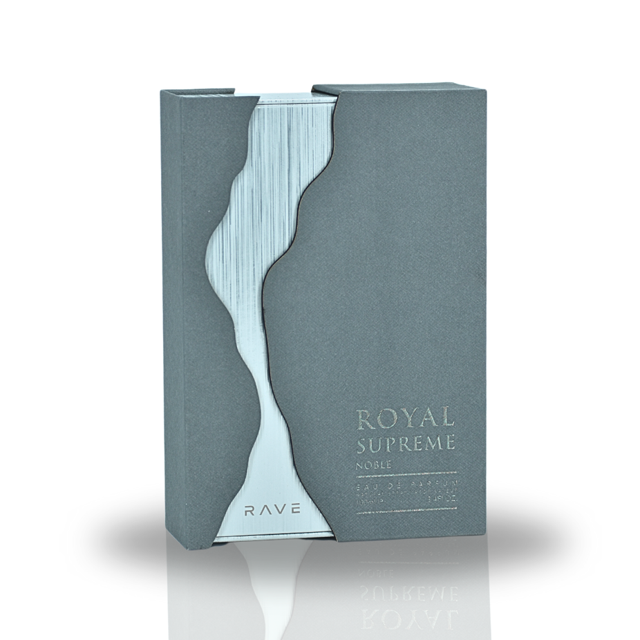 Royal Supreme Noble EDP Spray by RAVE, 100ML, elegant perfume bottle with a sleek design for men and women.