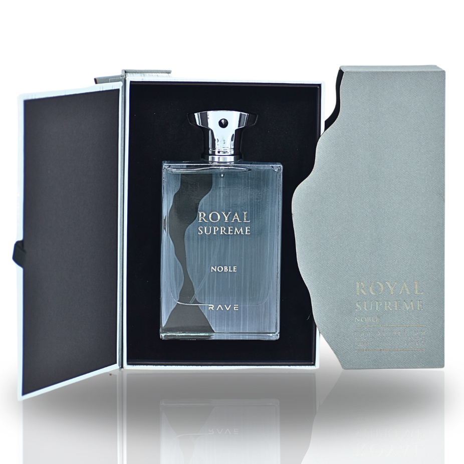Royal Supreme Noble EDP spray by RAVE, 100ML, featuring elegant perfume bottle with floral and woody accents for men and women.