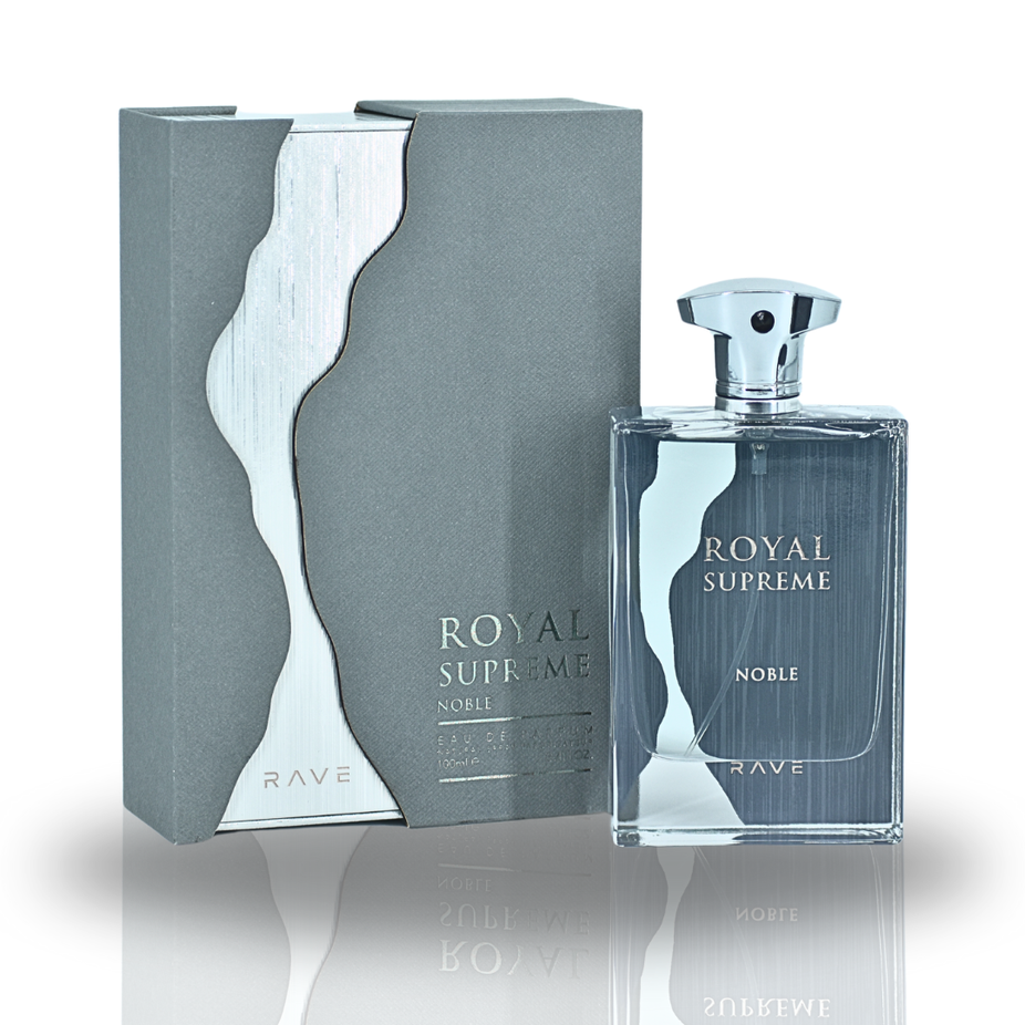 Royal Supreme Noble EDP spray by RAVE, 100ML, long-lasting perfume for men and women, elegant bottle with a luxurious design.