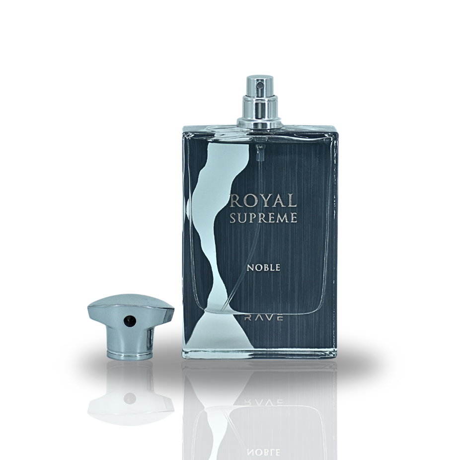 Royal Supreme Noble EDP Spray by RAVE, 100ML, long-lasting perfume for men and women, elegant bottle with gold accents.