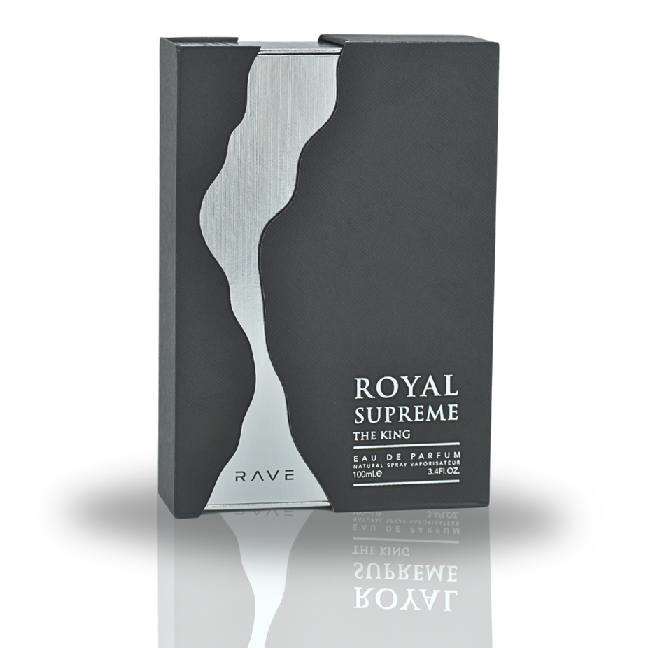 Royal Supreme The King EDP spray by RAVE, 100ML, featuring elegant packaging for men and women, long-lasting Eau De Parfum fragrance.