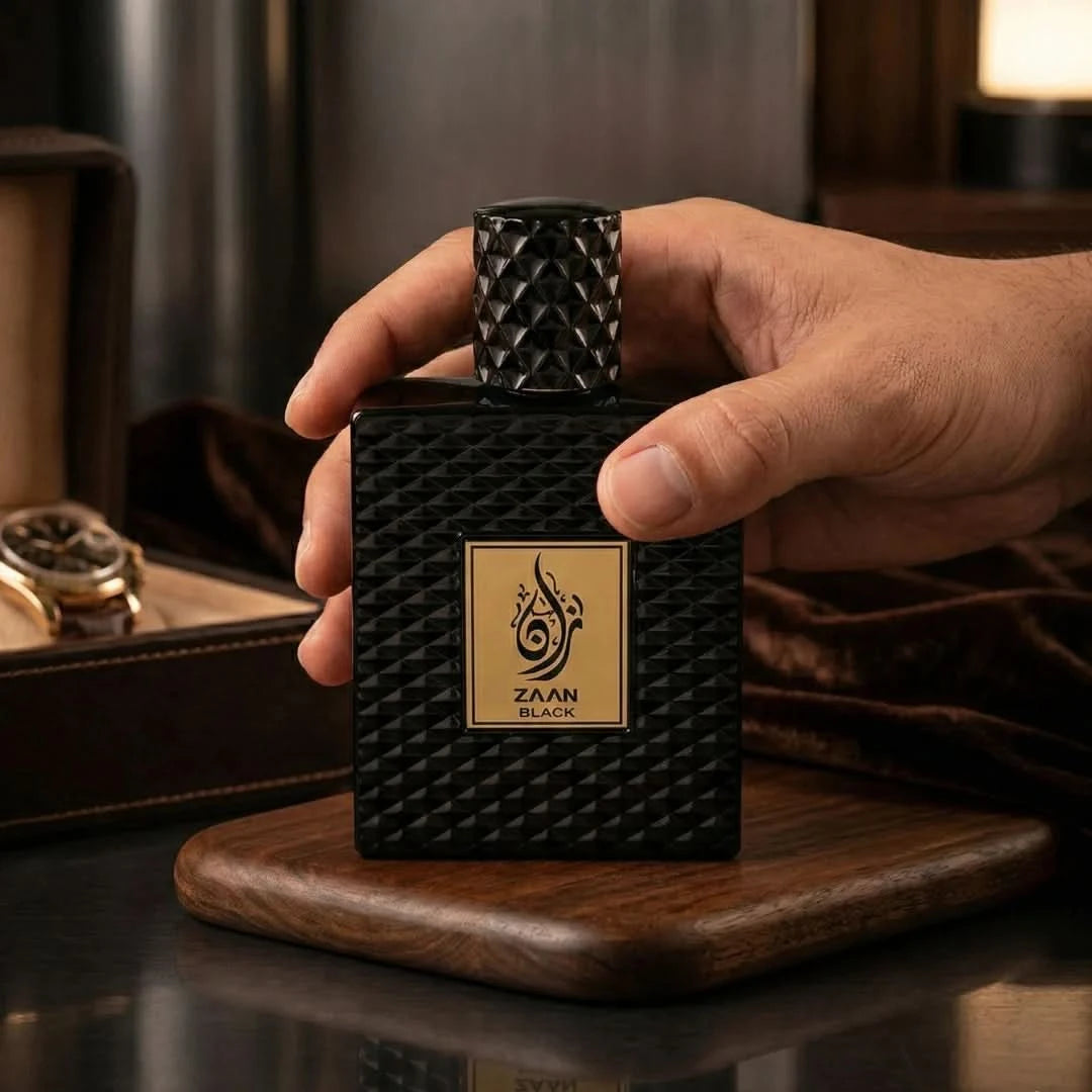 Aura Fragrances Zaan Black Eau De Parfum spray in 100ml bottle, featuring sleek black packaging and elegant design.