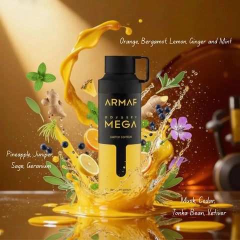 Odyssey Mega Man deodorant spray by Armaf, 200ml, featuring a sleek bottle with a blue and silver design.