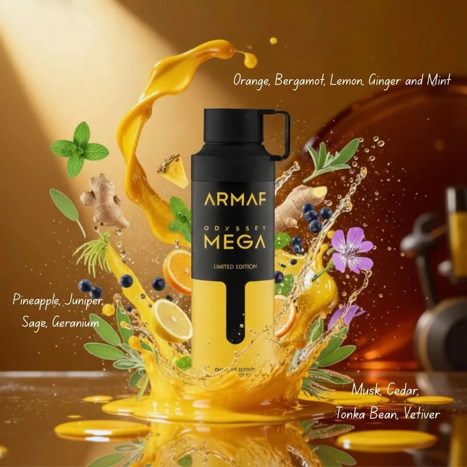 Odyssey Mega Man deodorant spray by Armaf, 200ml bottle, with a sleek design and white cap on a neutral background.