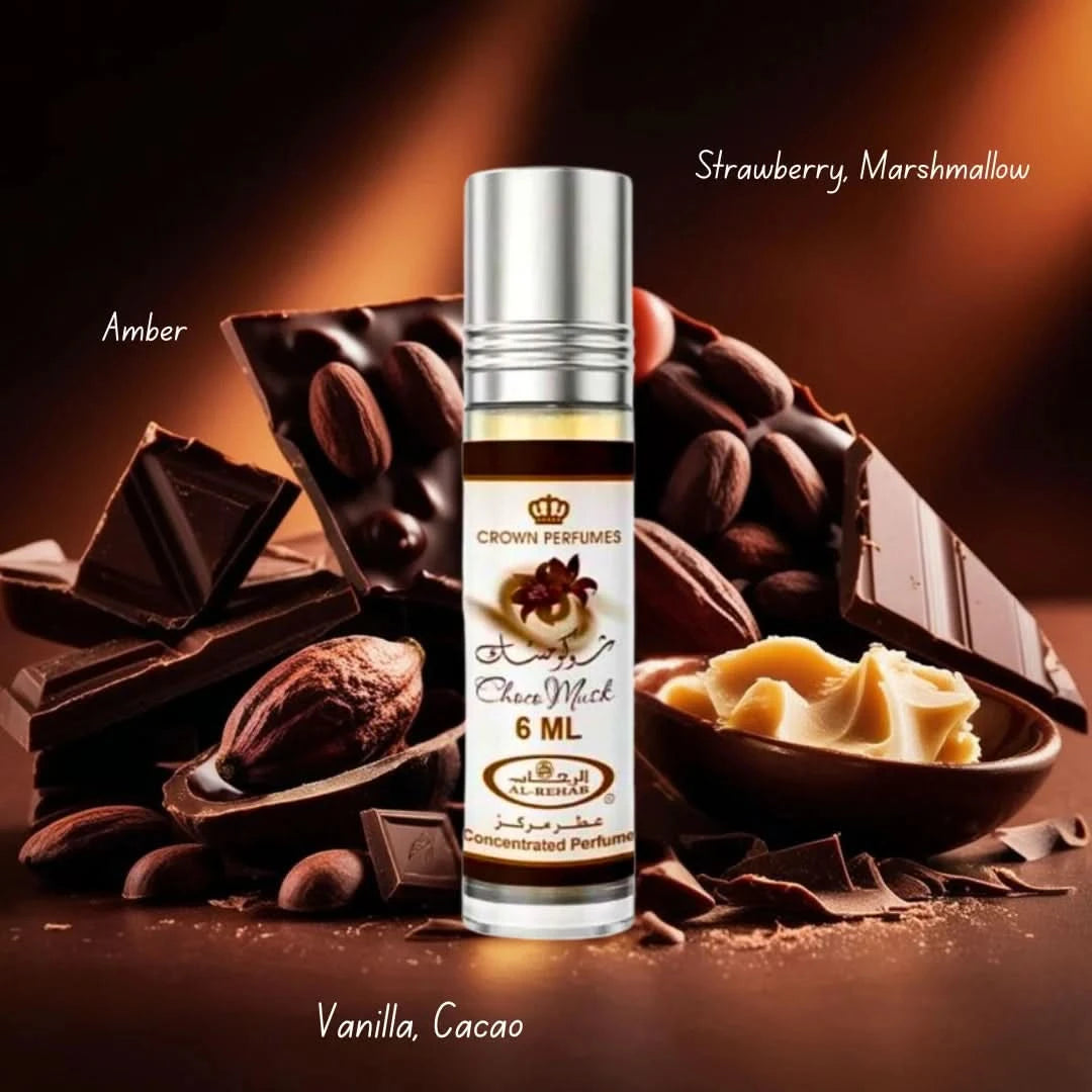 Bundle of Pink Blush & Yara roll-on perfume oils by Ard Al Zaafaran and Choco Musk Marshmallow oil by Al Rehab, in 10ml and 6ml sizes.