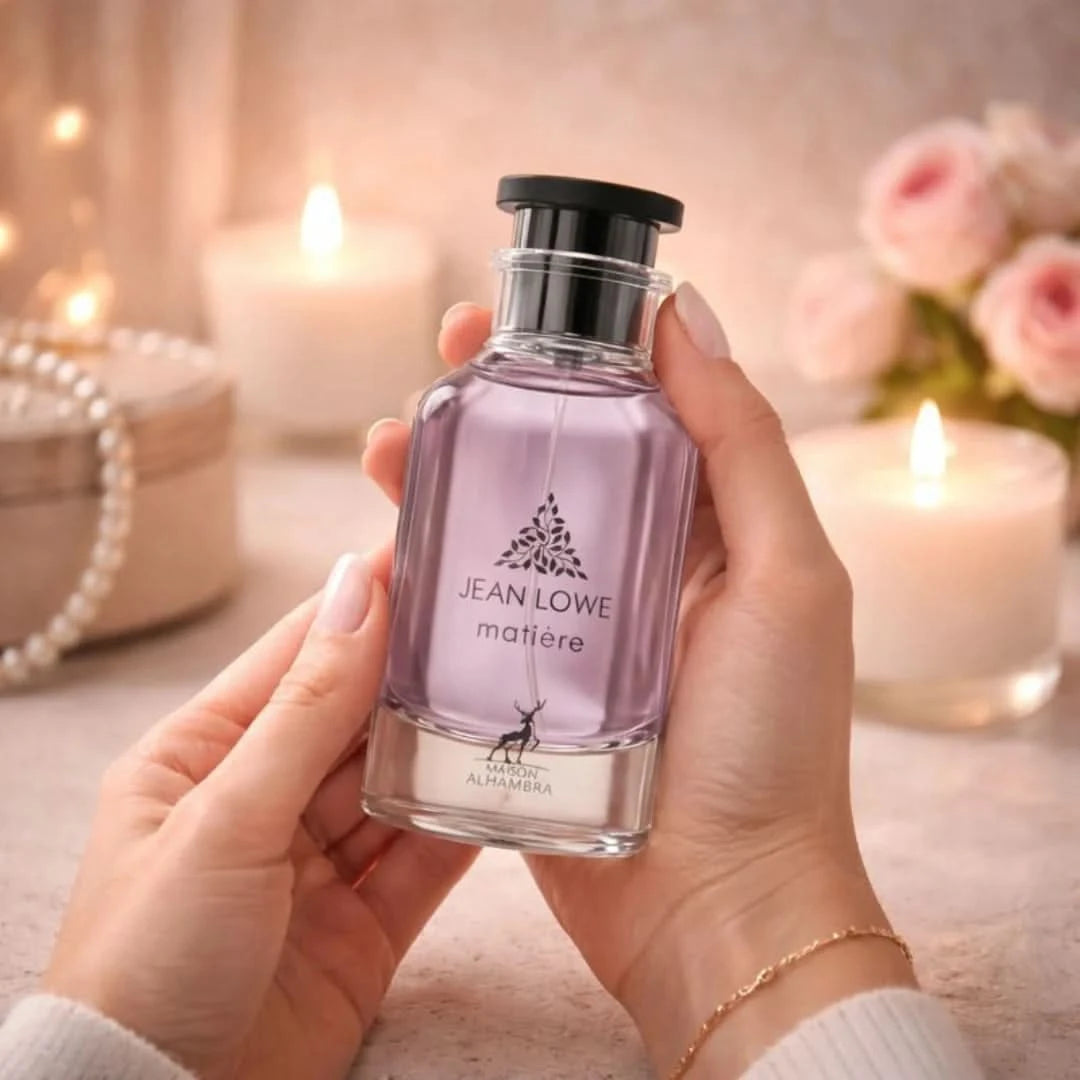 Maison Alhambra Jean Lowe Eau de Parfum spray in 100ml bottle with velvet pouch, elegant floral fragrance.
