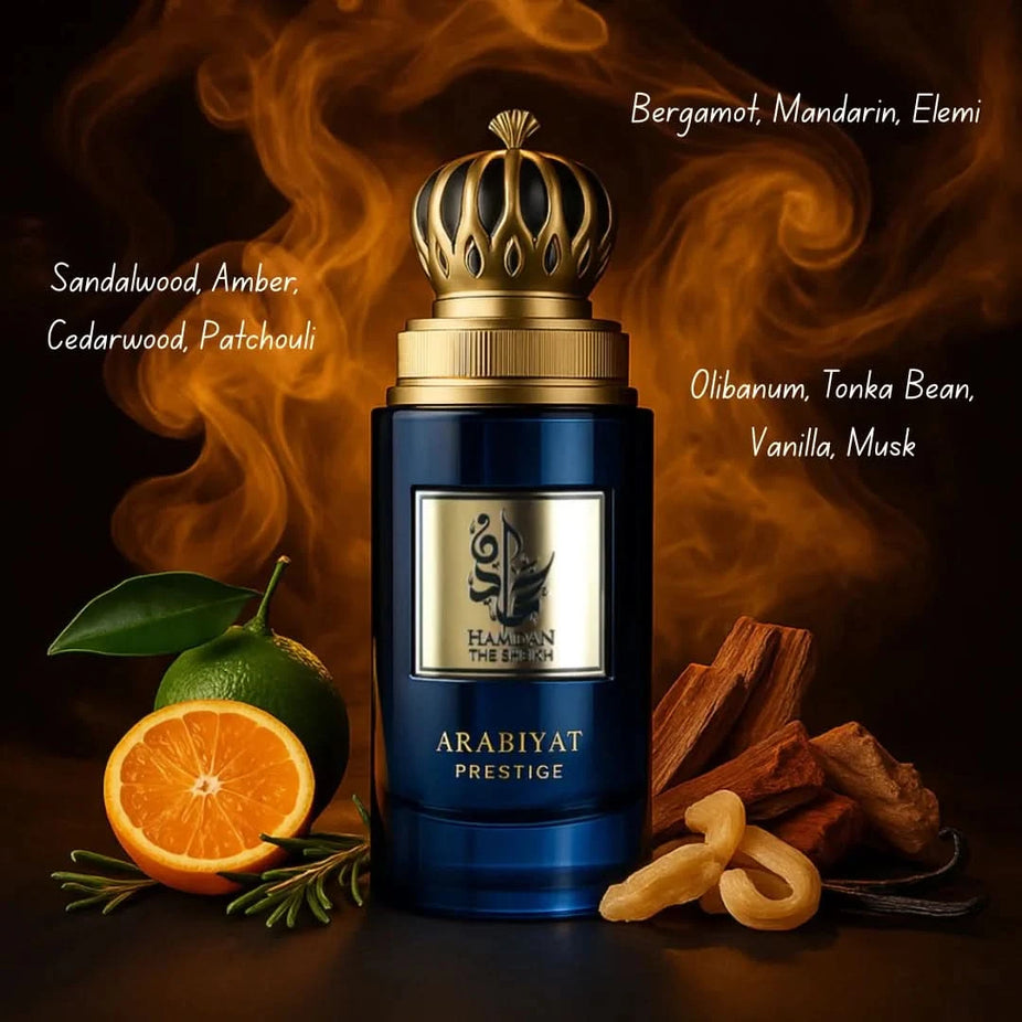 Arabiyat Prestige Hamdan The Sheikh Eau de Parfum spray, 75ml, with elegant perfume bottle and intricate design details.