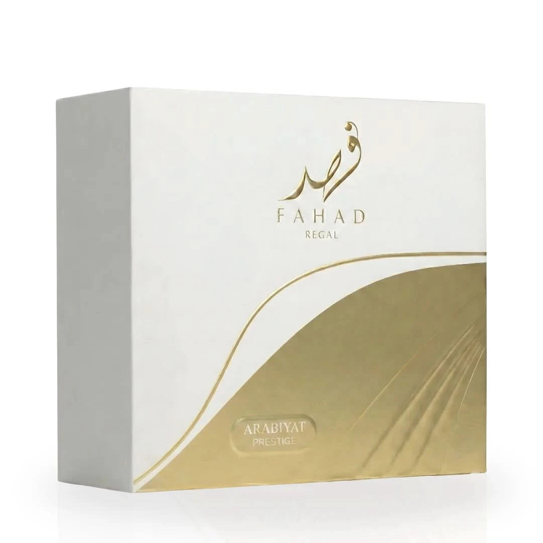 Arabiyat Prestige Fahad Regal Eau de Parfum spray 100ml showcasing the elegant perfume bottle with gold accents.