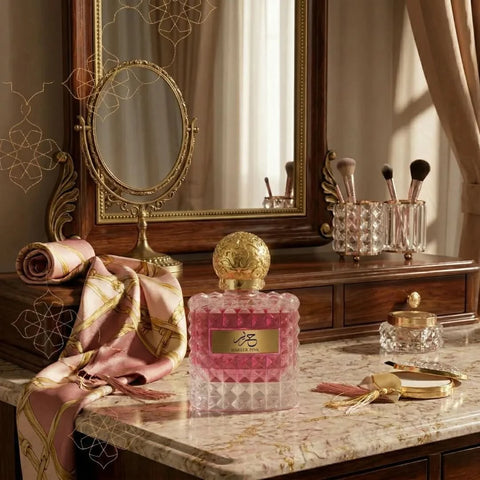 Aura Fragrances Hareer Pink Eau De Parfum spray bottle, 100ml, with elegant pink packaging and floral design.