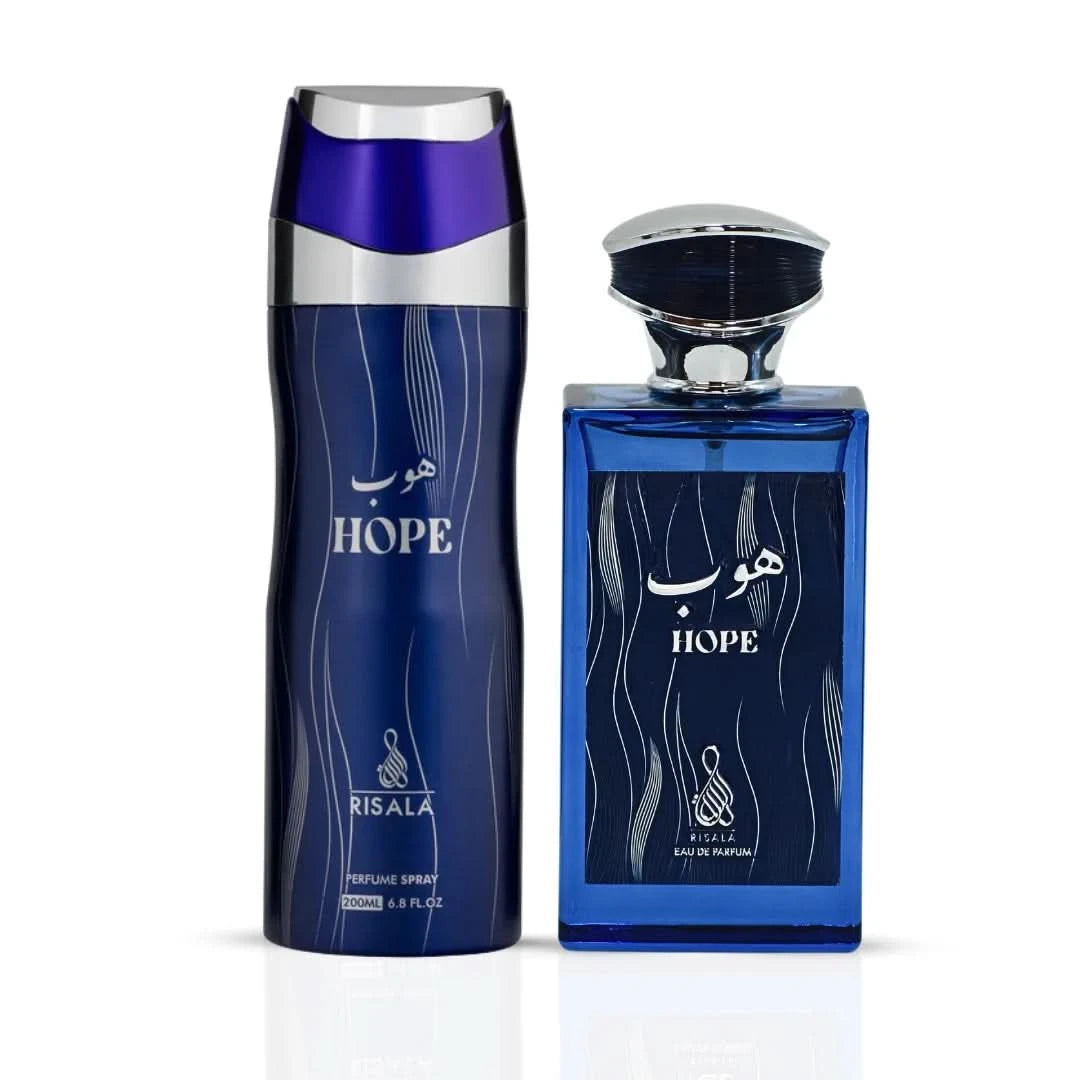 RISALA Hope Eau De Parfum spray 100ml and perfumed body spray 200ml bundle, featuring elegant bottles and stylish packaging.