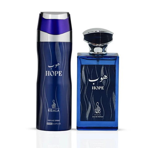 RISALA Hope Eau De Parfum spray 100ml and perfumed body spray 200ml bundle, featuring elegant bottles and stylish packaging.