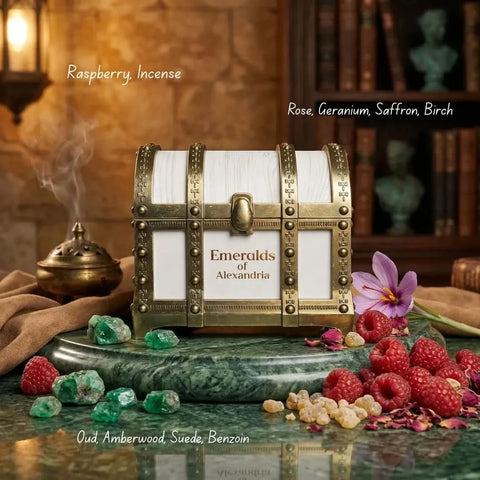 Elite Risala Emeralds of Alexandria Eau De Parfum spray in a 100ml bottle, displayed with a velvet pouch.