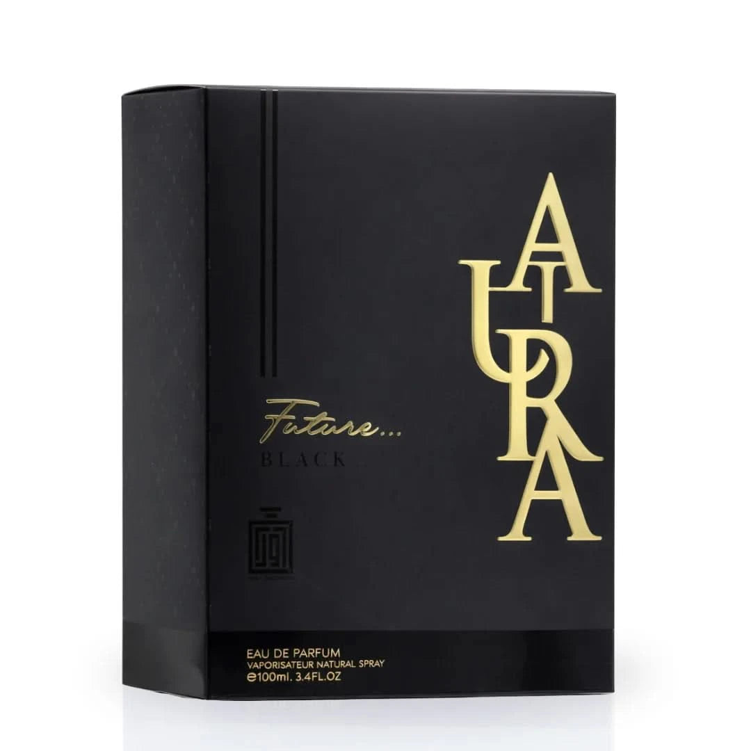Aura Fragrances Future Black Eau De Parfum spray 100ml shown in sleek black bottle with elegant design.