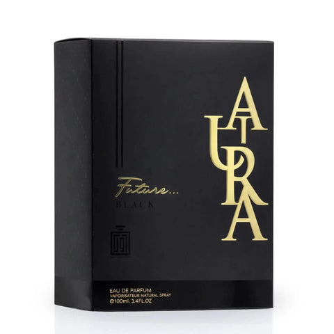 Aura Fragrances Future Black Eau De Parfum spray 100ml shown in sleek black bottle with elegant design.