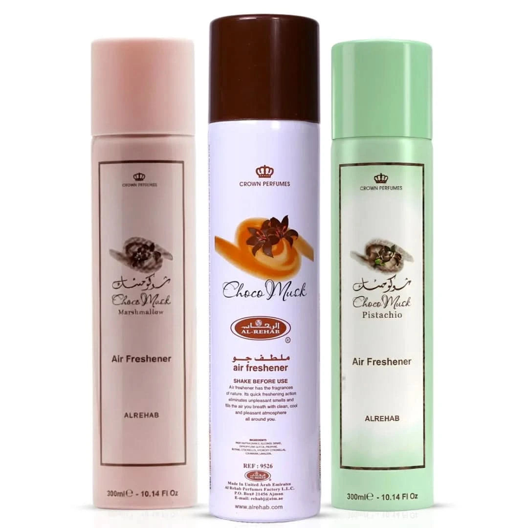 Al Rehab Choco Musk air freshener bundle with marshmallow and pistachio scents in 300ml bottles, featuring colorful packaging.