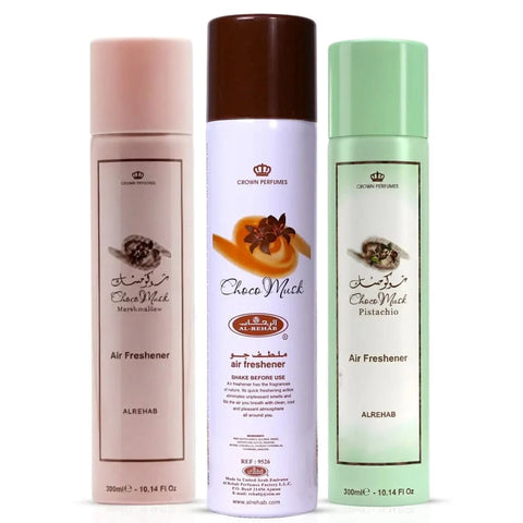 Al Rehab Choco Musk air freshener bundle with marshmallow and pistachio scents in 300ml bottles, featuring colorful packaging.