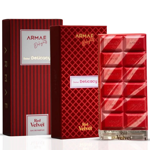 Dubai Delicacy Red Velvet Eau de Parfum spray by Armaf, featuring a sleek 70ml bottle with luxurious red velvet accents.
