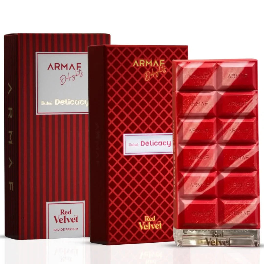 Dubai Delicacy Red Velvet Eau de Parfum Spray by Armaf, 70ml, showcasing the elegant perfume bottle with a rich red velvet design.