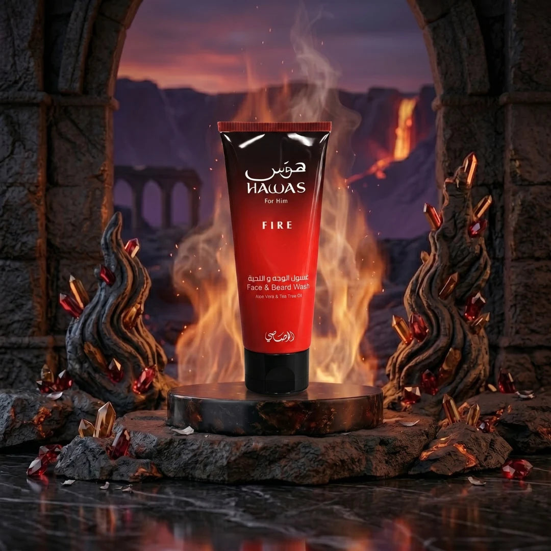 Hawas Fire 3-piece perfume gift set by Rasasi, featuring elegant bottles of fragrance in decorative packaging.