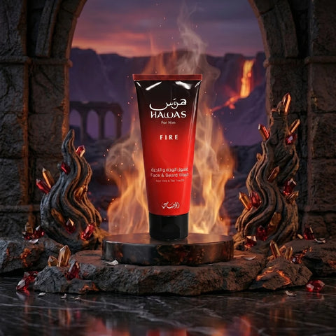 Hawas Fire 3-piece perfume gift set by Rasasi, featuring elegant bottles of fragrance in decorative packaging.