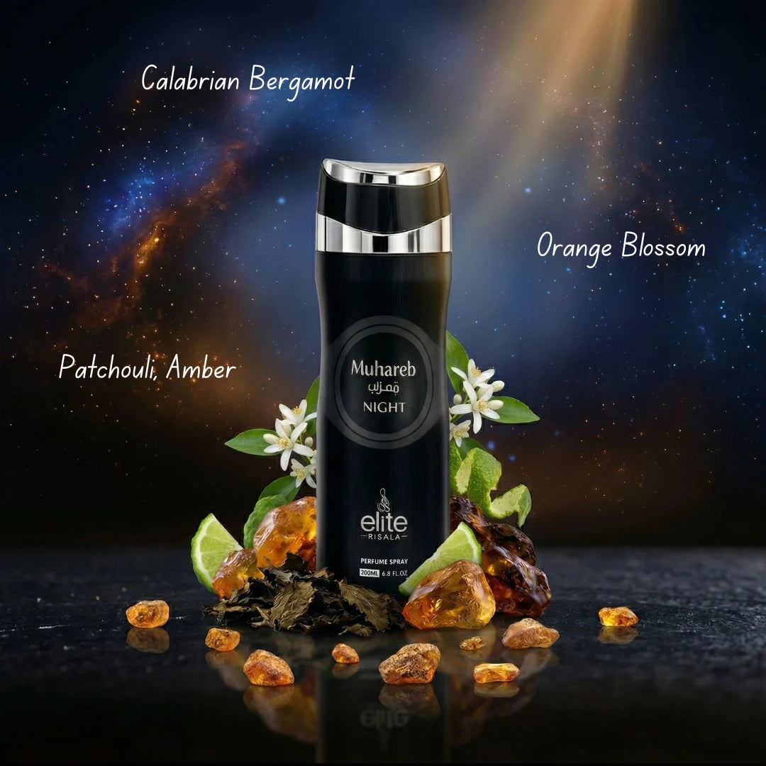 Muhareb Night Body Spray by Elite Risala in 200ml deodorant bottle, with a sleek dark packaging and evening-inspired design.