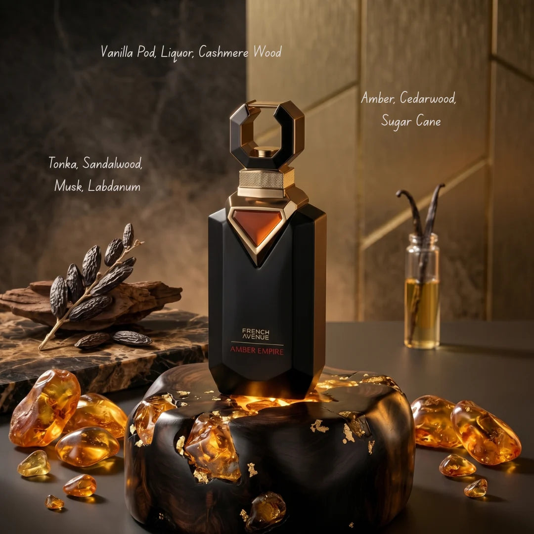 French Avenue Amber Empire Eau de Parfum spray 100ml bottle, elegant glass container with amber-colored liquid.