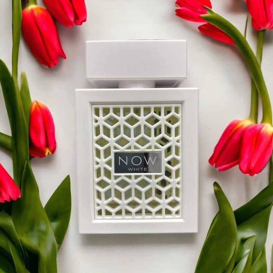 RAVE Now White Eau De Parfum 100ml bottle featuring sleek design and white packaging.