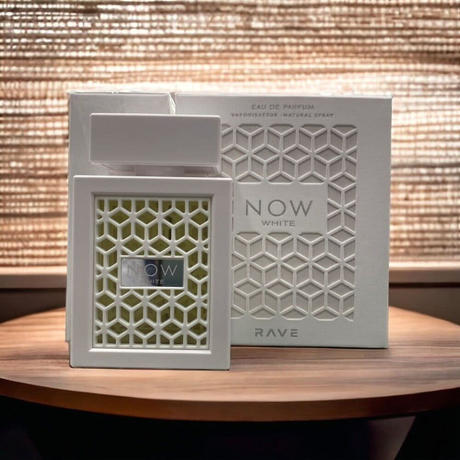 RAVE Now White Eau De Parfum 100ml bottle with elegant packaging, showcasing the stylish perfume design.
