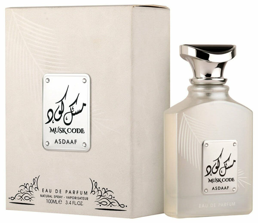 Asdaaf Musk Code EDP 100ML bottle, elegant glass perfume bottle with a sleek design, showcasing the Eau De Parfum fragrance.
