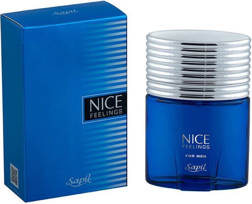 Sapil Nice Feelings Blue for Men EDT 75ml bottle inside a velvet pouch, with the perfume bottle and pouch visible.