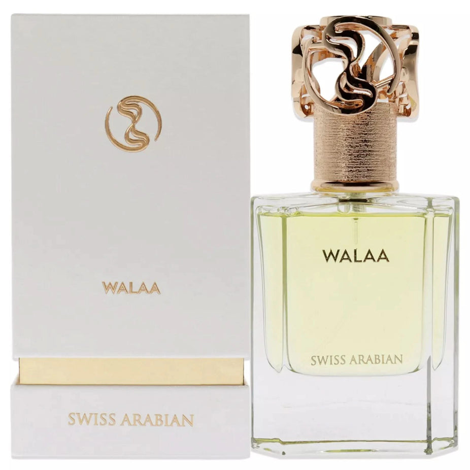 Swiss Arabian Walaa Waaw Series EDP perfume bottle, 50ml, elegant glass design with fragrance spray nozzle.