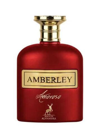 Amberley Amoroso Eau de Parfum spray by Maison Alhambra, 100ml bottle, elegant glass design with a sleek, transparent appearance.